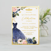 ピンクネイビーフローラティアラドレスキンセアニェラ 箔招待状 (立ち正面)