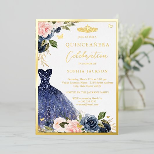 ピンクネイビーフローラティアラドレスキンセアニェラ 箔招待状 (立ち正面)