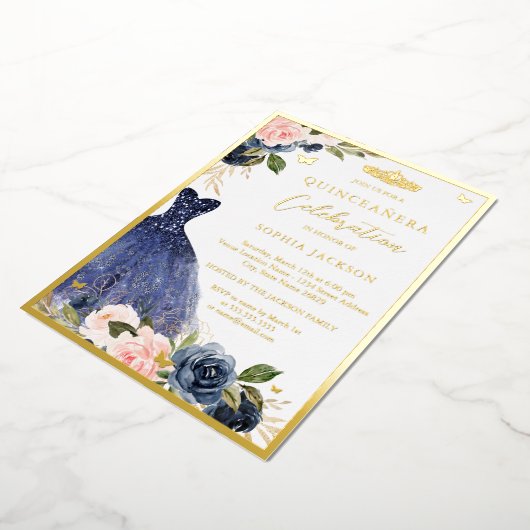 ピンクネイビーフローラティアラドレスキンセアニェラ 箔招待状 (回転した状態)