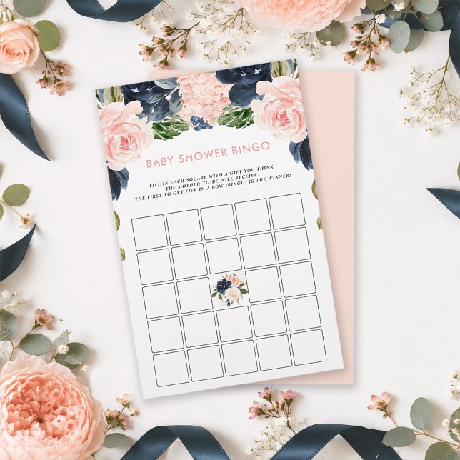 ピンクネイビーフローラルベビーシャワービンゴ (Keep your guests completely engaged and celebrating in style during gift-opening shower bingo game.)