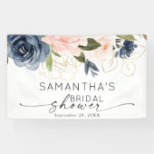 ピンクネイビーフローラ水彩ブライダルシャワー 横断幕 (横)