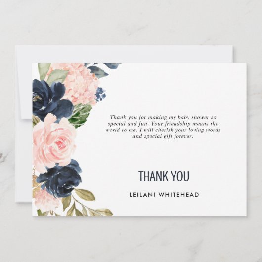 ピンクネイビーフローラ水彩赤ちゃんシャワーありがとう サンキューカード (裏面)