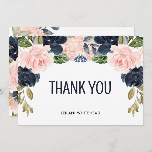 ピンクネイビーフローラ水彩赤ちゃんシャワーありがとう サンキューカード (正面/裏面)