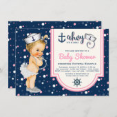 ピンクネイビーブルーガール航海のベビーシャワー 招待状 (正面/裏面)