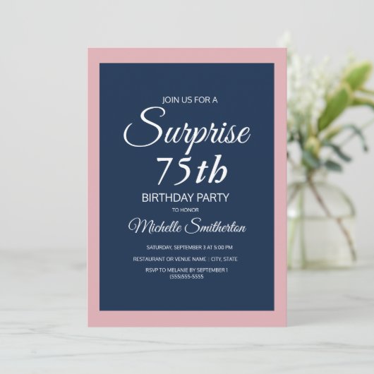 ピンクネイビーブルーサプライズ75th誕生日招待状 招待状 (スタンド正面)