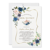 ピンクネイビーブルーフラワーズ金ゴールドブライダルティーパーティー