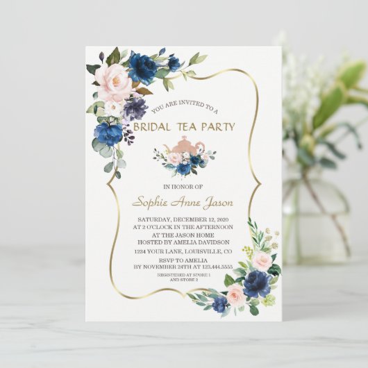 ピンクネイビーブルーフラワーズ金ゴールドブライダルティーパーティー 招待状 (スタンド正面)