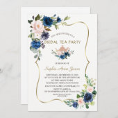 ピンクネイビーブルーフラワーズ金ゴールドブライダルティーパーティー 招待状 (正面/裏面)