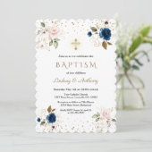 ピンクネイビーブルーフローラ金ゴールドクロスツインズバプテスマ 招待状 (スタンド正面)