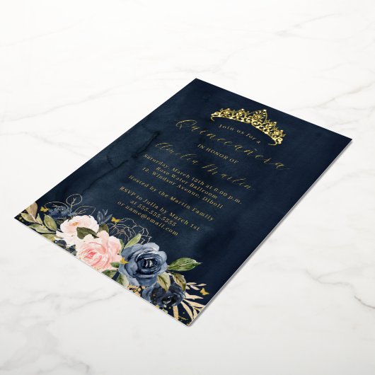 ピンクネイビーブルーミングフローラ蝶キンセアニェラ 箔招待状 (回転した状態)