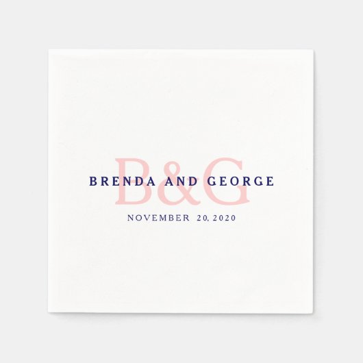 ピンクネイビーブルーモノグラム結婚ズ紙ナプキンス スタンダードカクテルナプキン (正面)