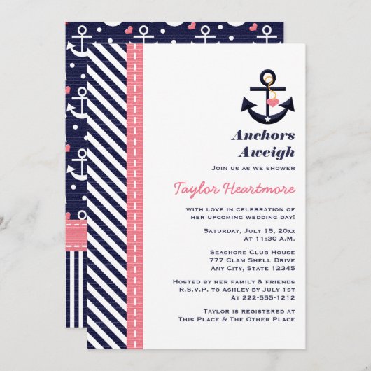 ピンクネイビーブルー航海のブライダルシャワー招待状 招待状 (正面/裏面)