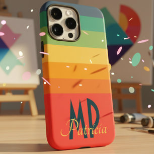 ピンクネイビーブルー&ミントグリーン鮮やかレトロモノグラム iPhone 16 PRO MAXケース
