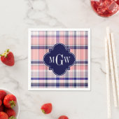 ピンクネイビーホワイトマドラス名門私立校風のクローバーモノグラム スタンダードカクテルナプキン (インサイチュ)