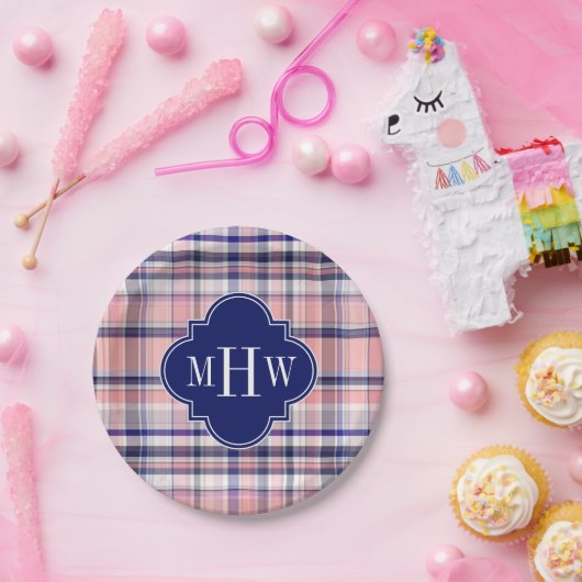 ピンクネイビーホワイトマ名門私立校風のドラスクローバーモノグラム ペーパープレート (パーティー)