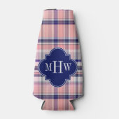 ピンクネイビーホワイトマ名門私立校風のドラスクローバーモノグラム ボトルクーラー (正面)