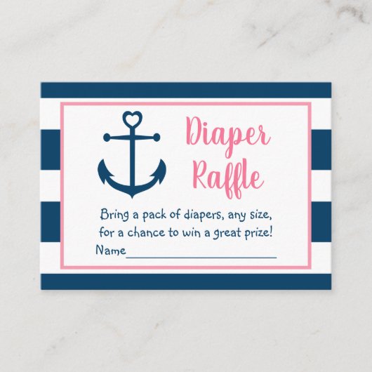 ピンクネイビー航海のいかりベビーおむつラッフル エンクロージャーカード (正面)
