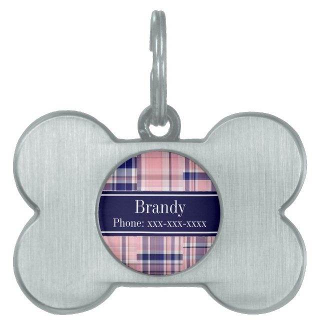 ピンクネイビーWhtパッチワーク名門私立校風のマドラスNモノグラム ペットネームタグ (正面)