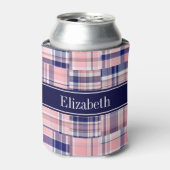 ピンクネイビーWhtパッチワーク名門私立校風のマドラスNモノグラム 缶クーラー (缶正面)
