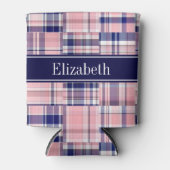 ピンクネイビーWhtパッチワーク名門私立校風のマドラスNモノグラム 缶クーラー (正面)