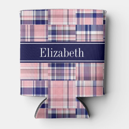 ピンクネイビーWhtパッチワーク名門私立校風のマドラスNモノグラム 缶クーラー (正面)