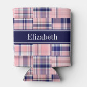 ピンクネイビーWhtパッチワーク名門私立校風のマドラスNモノグラム 缶クーラー (裏面)