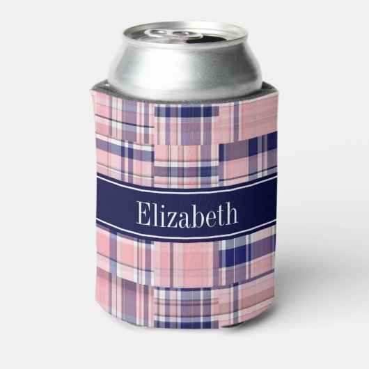 ピンクネイビーWhtパッチワーク名門私立校風のマドラスNモノグラム 缶クーラー (缶裏面)