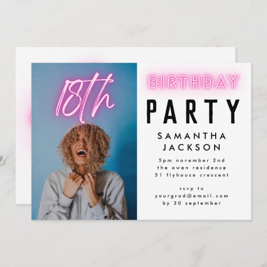 ピンクネオエレガントン18グラデーションthバースデーパーティーの写真 招待状 (正面/裏面)