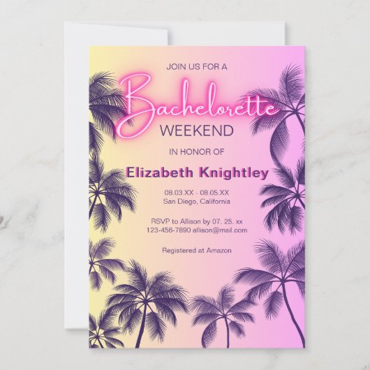 ピンクネオングローサインビーチバチェロレッテの日程 招待状 (正面)