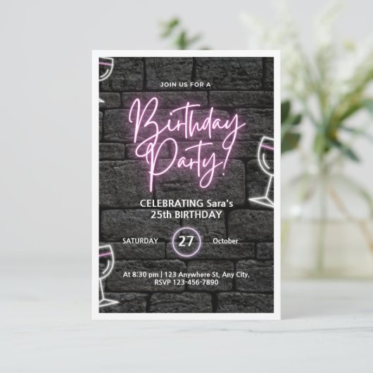 ピンクネオンバースデーパーティーカスタマイズ招待状 招待状 (スタンド正面)
