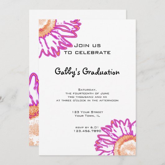 ピンクネオンフラワー卒業パーティー招待状 招待状 (正面/裏面)