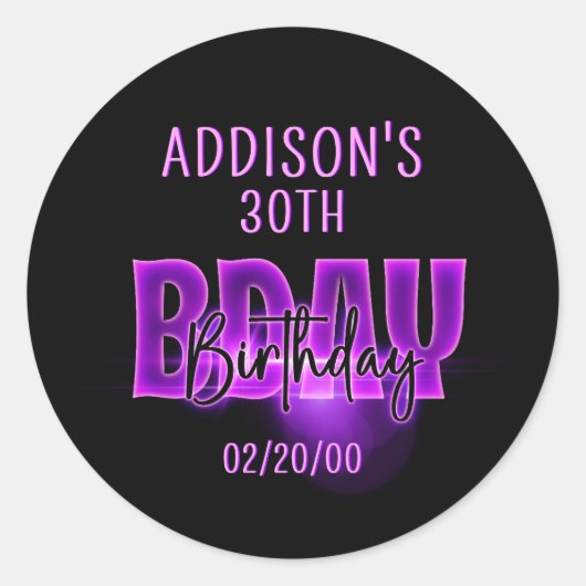 ピンクネオン誕生日 ラウンドシール (正面)