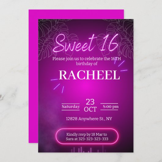 ピンクネオン誕生日 招待状 (正面/裏面)