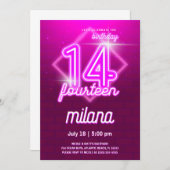 ピンクネオン14thバースデーパーティー招待カード 招待状 (正面/裏面)