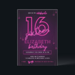 ピンクネオン16thバースデーパーティーズグロー熱狂する 招待状<br><div class="desc">ピンクのネオン誕生日招待状用に設計されたこのカスタマイズ可能な招待状カードは、ネオン色の文字、ネオンの装飾、紫の背景を備えている。一致する項目が使用可能。</div>