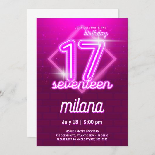 ピンクネオン17thバースデーパーティー招待状 招待状 (正面/裏面)