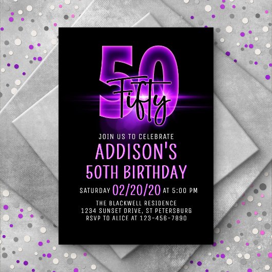ピンクネオン50誕生日招待状 招待状