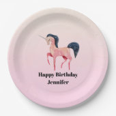 ピンクノルディックユニコーンとブラックマネ誕生日 ペーパープレート (正面)