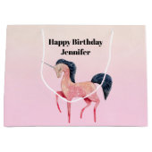 ピンクノルディックユニコーンとブラックマネ誕生日 ラージペーパーバッグ (正面)