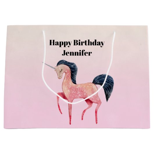 ピンクノルディックユニコーンとブラックマネ誕生日 ラージペーパーバッグ (正面)