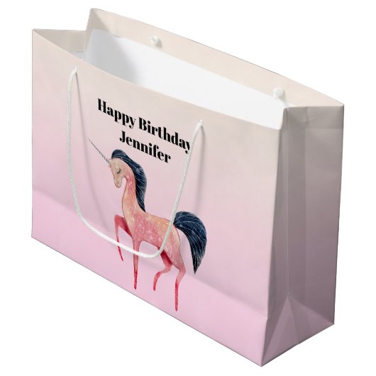 ピンクノルディックユニコーンとブラックマネ誕生日 ラージペーパーバッグ (正面アングル)