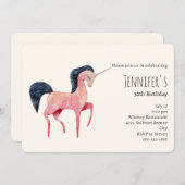 ピンクノルディックユニコーンとブラックマネ誕生日 招待状 (正面/裏面)