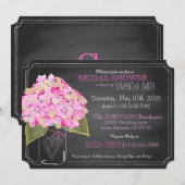 ピンクハイドランジアメイソンジャーシャルクボードブライダルシャワー 招待状 (正面/裏面)