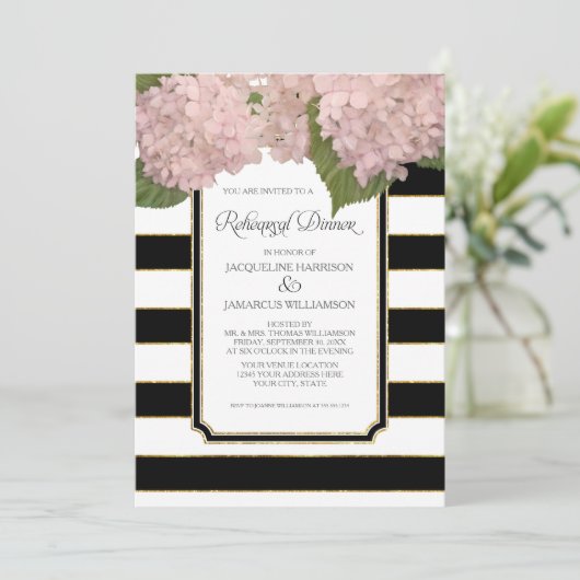 ピンクハイドランジアリハーサルディナーはっきりしたモダン 招待状 (スタンド正面)