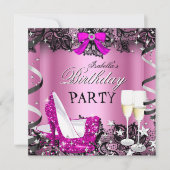 ピンクハイヒールシャンパンブラックレース誕生日パーティー 招待状 (正面)