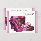 ピンクハイヒールシューズ女性レオパード50誕生日 出欠カード (正面/裏面)