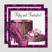 ピンクハイヒールシューズ女性レオパード50誕生日 招待状 (正面/裏面)