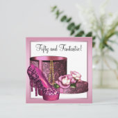 ピンクハイヒールシューズ女性レオパード50誕生日 招待状 (スタンド正面)