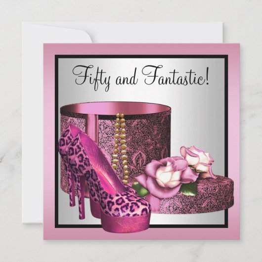 ピンクハイヒールシューズ女性レオパード50誕生日 招待状 (正面)