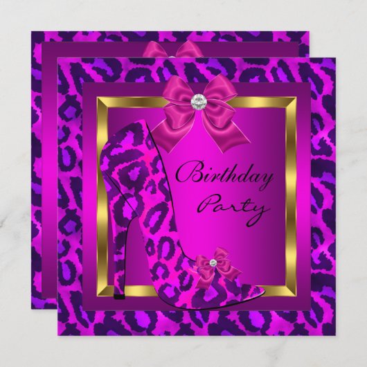 ピンクハイヒールシューヒョウ誕生日パーティー 招待状 (正面/裏面)